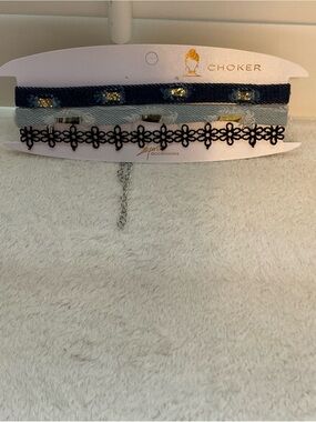 Three-Pack Women's Choker Set - Black Floral, Light Blue Denim, Dark Blue Jewel